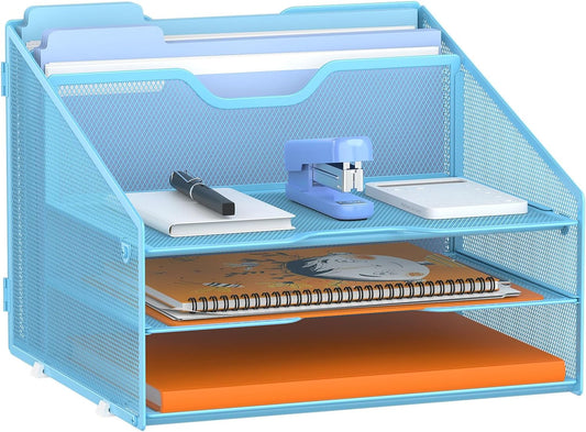 Letter Tray Organizer, Mesh Desk File Organizer with 3 Paper Trays and 2 Vertical Upright Section (Blue)
