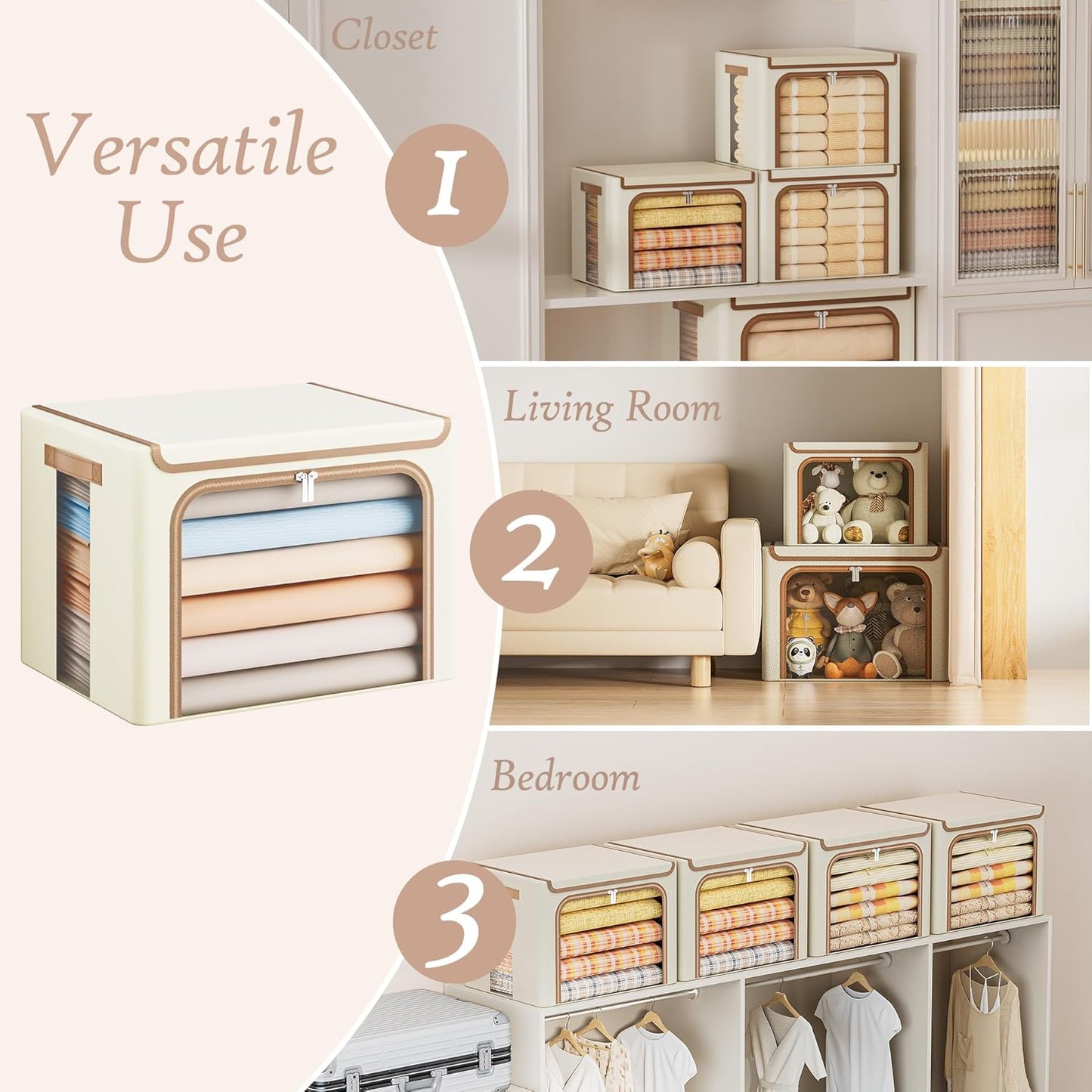 Yecaye Clothes Storage Bins with Metal Frame, Foldable Clothing Storage Bin with Lid, Stackable Oxford Fabric Organizer Box With Clear Window & Zippers & PU Leather Handles (3 Pack,Beige,40L)