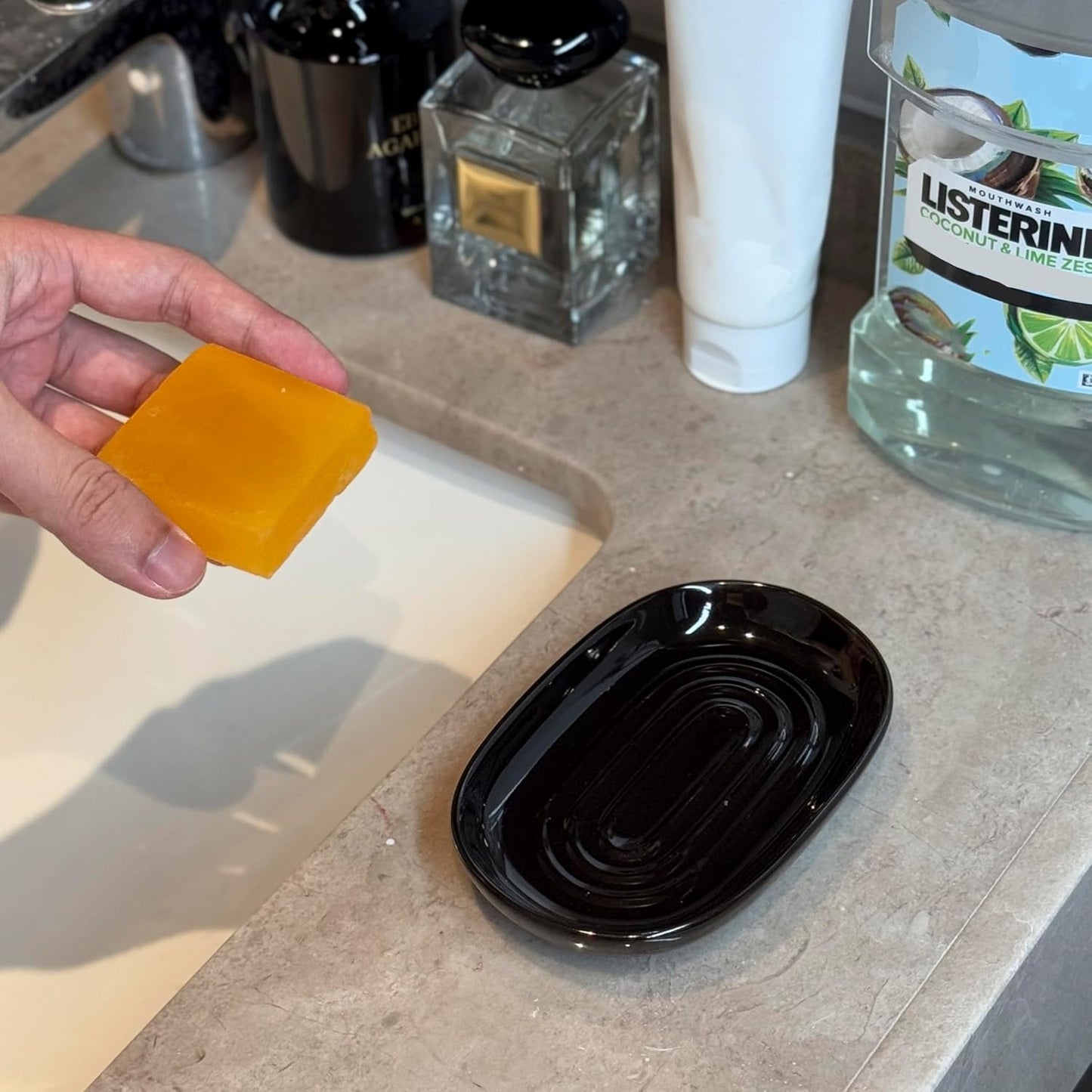 Soap Dish, Ceramic Soap Dish with Marble PatternShower, Soap Saver Tray for Bathroom, Kitchen Sink & Vanity, Multi-Use Holder for Jewelry, Rings, Keys (1 Pack, Black)