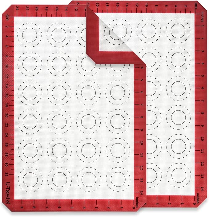 U-Taste 446ºF Heat Resistant Macaron Silicone Baking Mat, Non Stick Reusable Cookies Pastry Sheet Liner with Edge Enhancement Circle Measurement for Oven (Half Sheets Size, Pack of 2, Red)