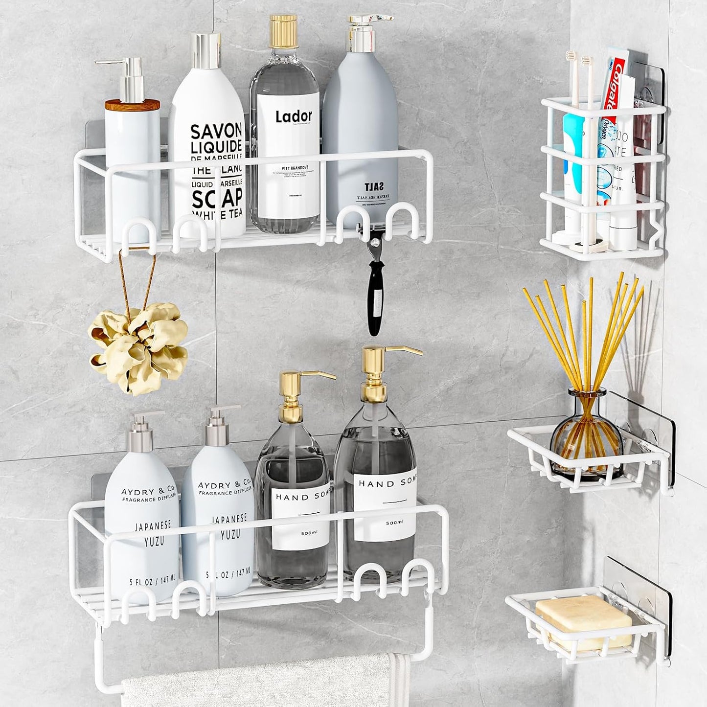 5-Pack Shower Caddy, Adhesive Shower Organizer, No-Drill Space Saving Shower Shelf with Soap Dish, Rustproof Shower Shampoo Holder for Kitchen & Bathroom Storage & Home Decor (White)