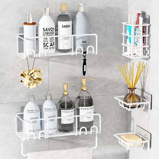 5-Pack Shower Caddy, Adhesive Shower Organizer, No-Drill Space Saving Shower Shelf with Soap Dish, Rustproof Shower Shampoo Holder for Kitchen & Bathroom Storage & Home Decor (White)