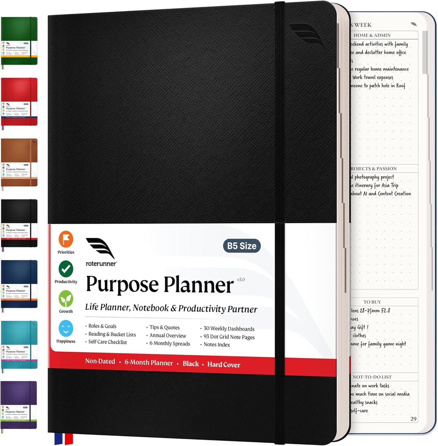 Purpose Planner Notebook B5 7.5”x9.8” Undated 2026 Daily Weekly and Monthly Productivity Goal Setting Tool for Work Home ADHD for Adults Self Care Journal