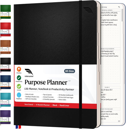 Purpose Planner Notebook B5 7.5”x9.8” Undated 2026 Daily Weekly and Monthly Productivity Goal Setting Tool for Work Home ADHD for Adults Self Care Journal