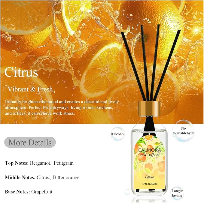 CALMORA Reed Diffuser for Bathroom & Bedroom, 3-Pack 50ml Citrus/Linen/Vanilla Scented Oil Set with 15 Sticks | Home Fragrance Diffuser, Flameless Air Freshener