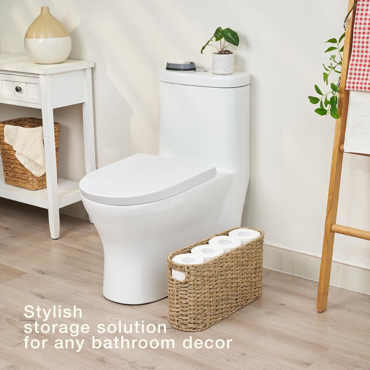 Toilet Paper Storage Basket, Toilet Paper Holder with Storage for Up to 8 Rolls, Coastal Bathroom Decor, Rattan Bathroom Accessories (Natural Seagrass, 6 Mega Rolls)