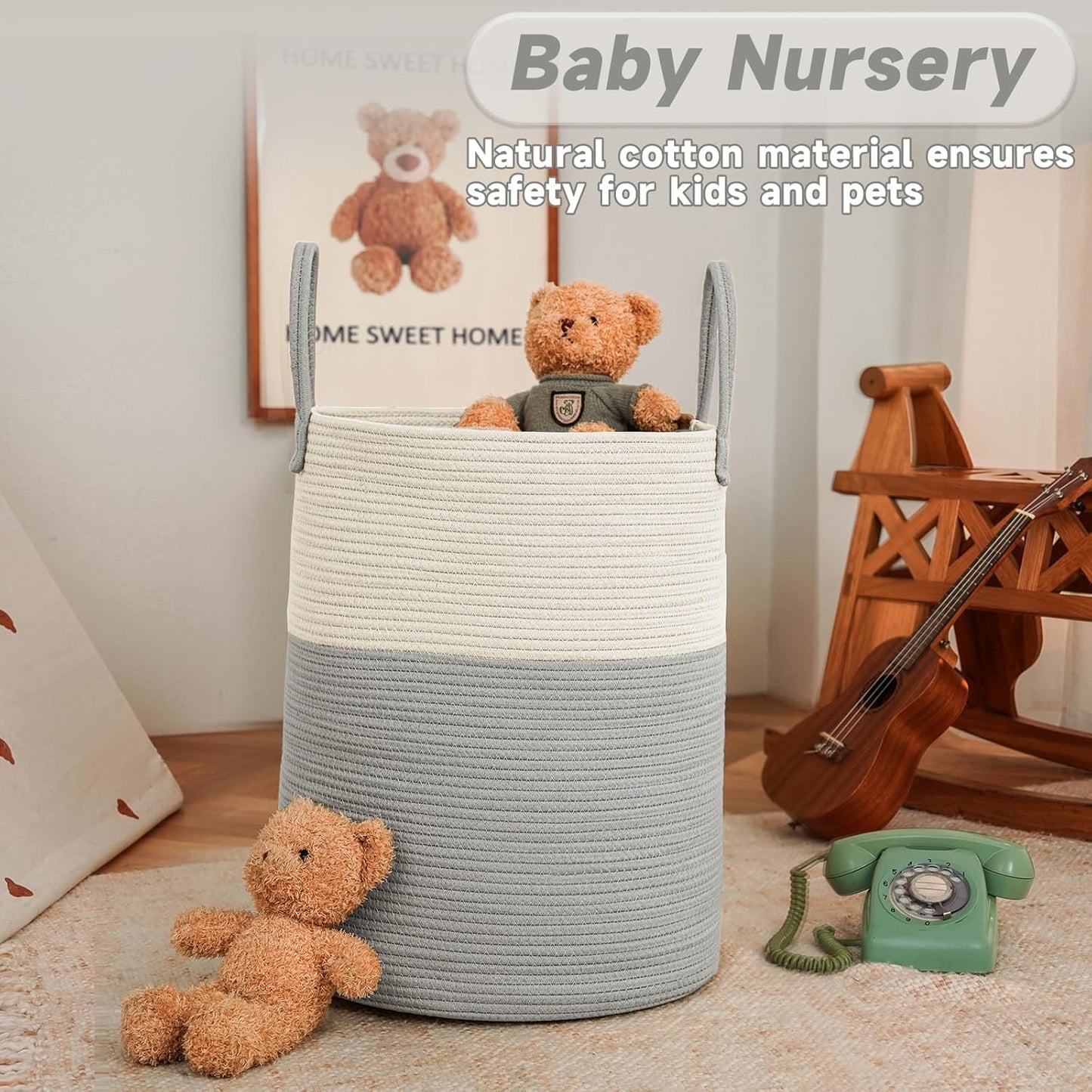Large Woven Laundry Basket Hamper,60L Cotton Rope Storage Bin for Blankets,Toys and Clothes,Decorative Tall Nursery Hamper for Living Room,Baby Nursery,Bathroom and Bedroom,White and Grey