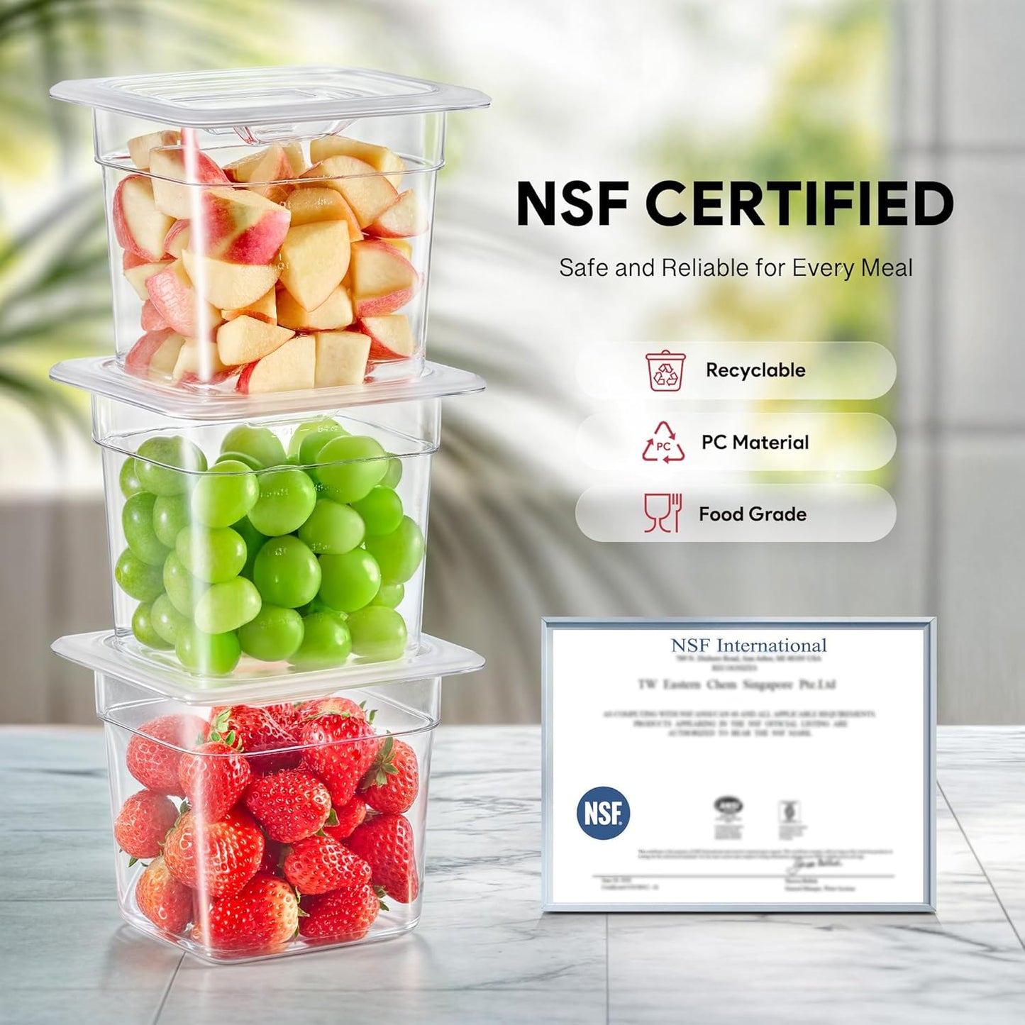 Wilprep 6 Pack Plastic Food Pans with Lids, 1/6 Size 6 in Deep Clear Food Storage Containers, 2.6 qt Stackable Polycarbonate Commercial Hotel Pans for Fruits Vegetables Beans Corns, NSF Listed