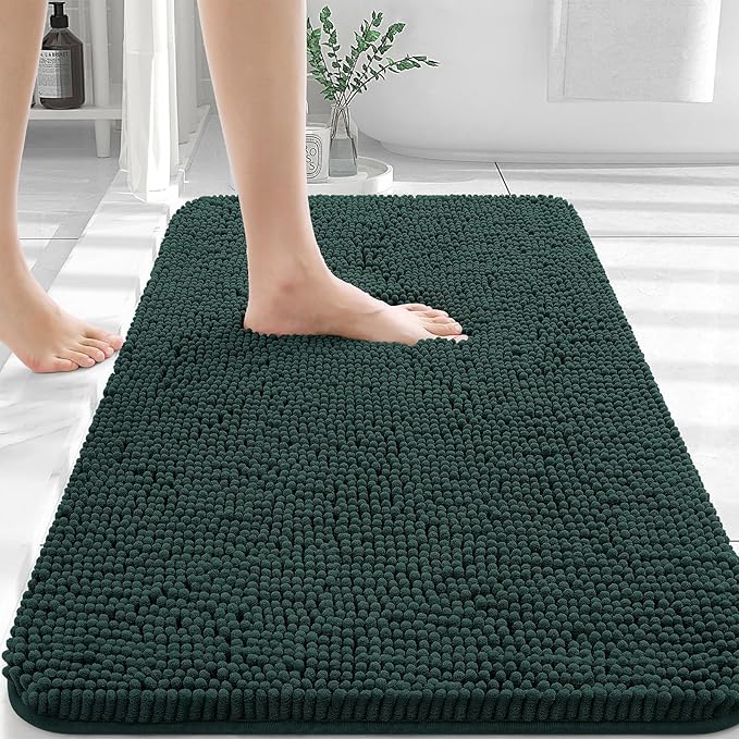 OLANLY Bathroom Rugs 30x20, Extra Soft Absorbent Chenille Bath Rugs, Rubber Backing Quick Dry, Machine Washable Bath Mats for Bathroom Floor, Tub and Shower, Home Decor Accessories, Blackish Green