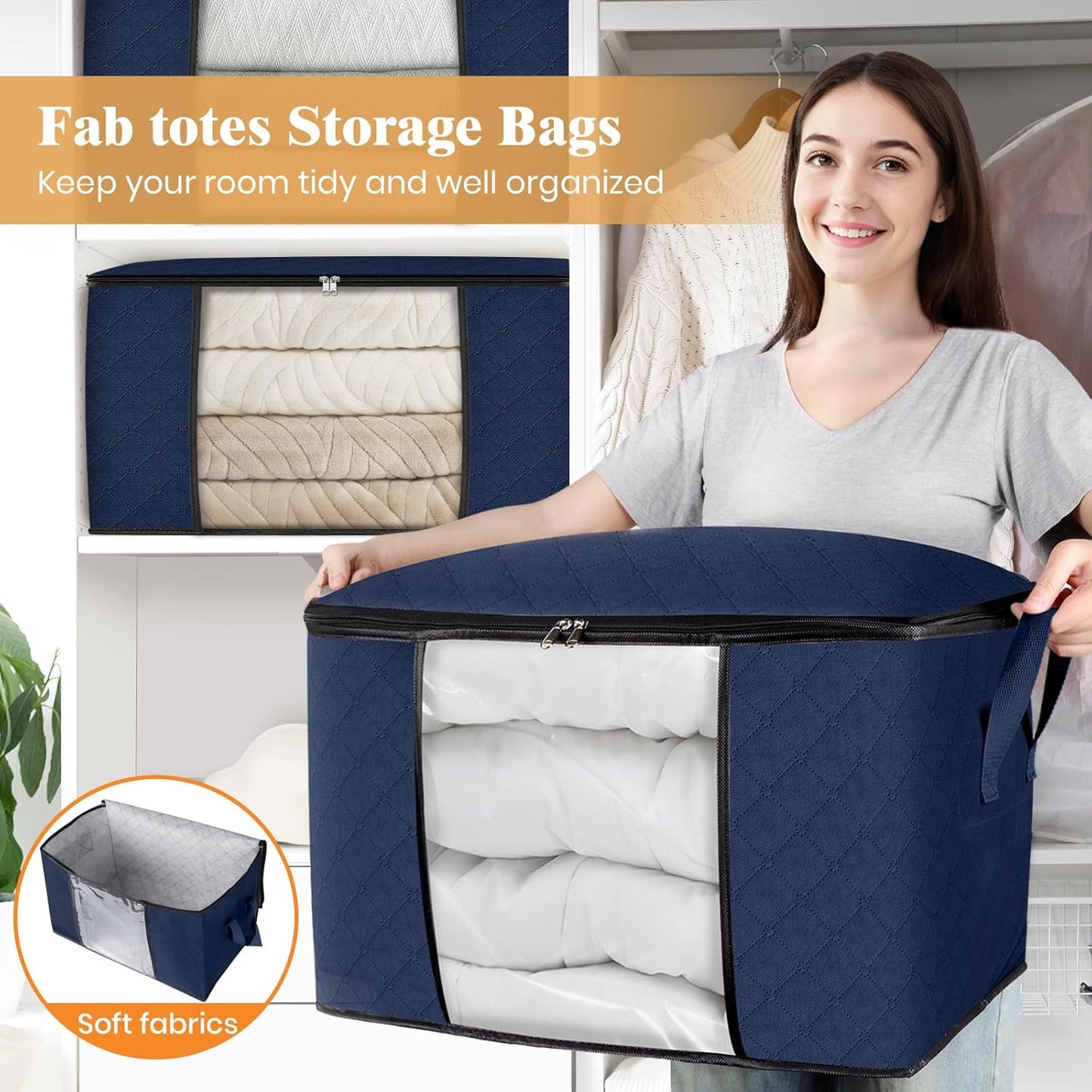 Fab totes 24 Gallons Clothes Storage,Foldable Thick Fabric Blanket Storage Bags,Containers for Organizing Bedroom, Closet, Clothing, Comforter,Organization with Handle (6 Pack,Blue)
