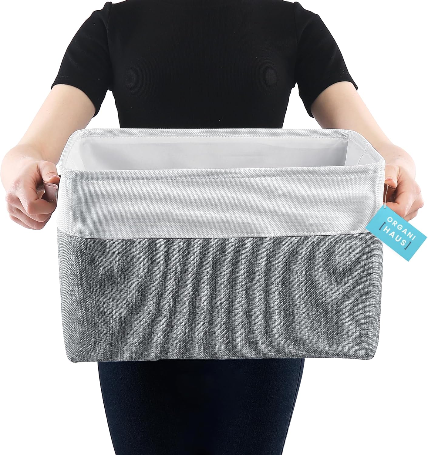 OrganiHaus Extra Large Fabric Storage Baskets for Shelves 3 Pack, 16x13in Closet Storage Bins for Shelves, Canvas Baskets for Organizing, Linen Closet Organizers, Cloth Basket, Gray/Off-White