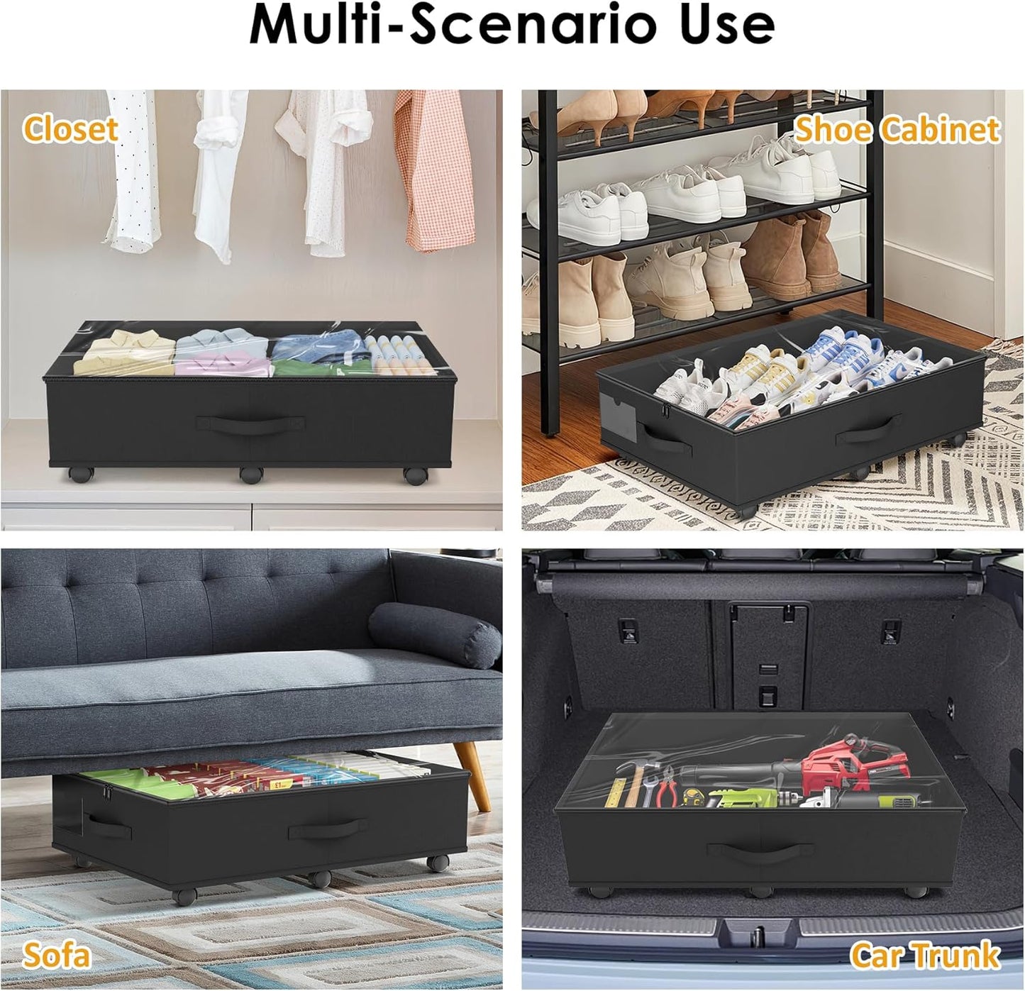 Under Bed Storage with Wheels, 2-Pack Under Bed Storage Containers with Clear Lid and Handles, Rolling Underbed Storage Drawers Organizer for Clothes,Shoes,Toys, Books (Black)