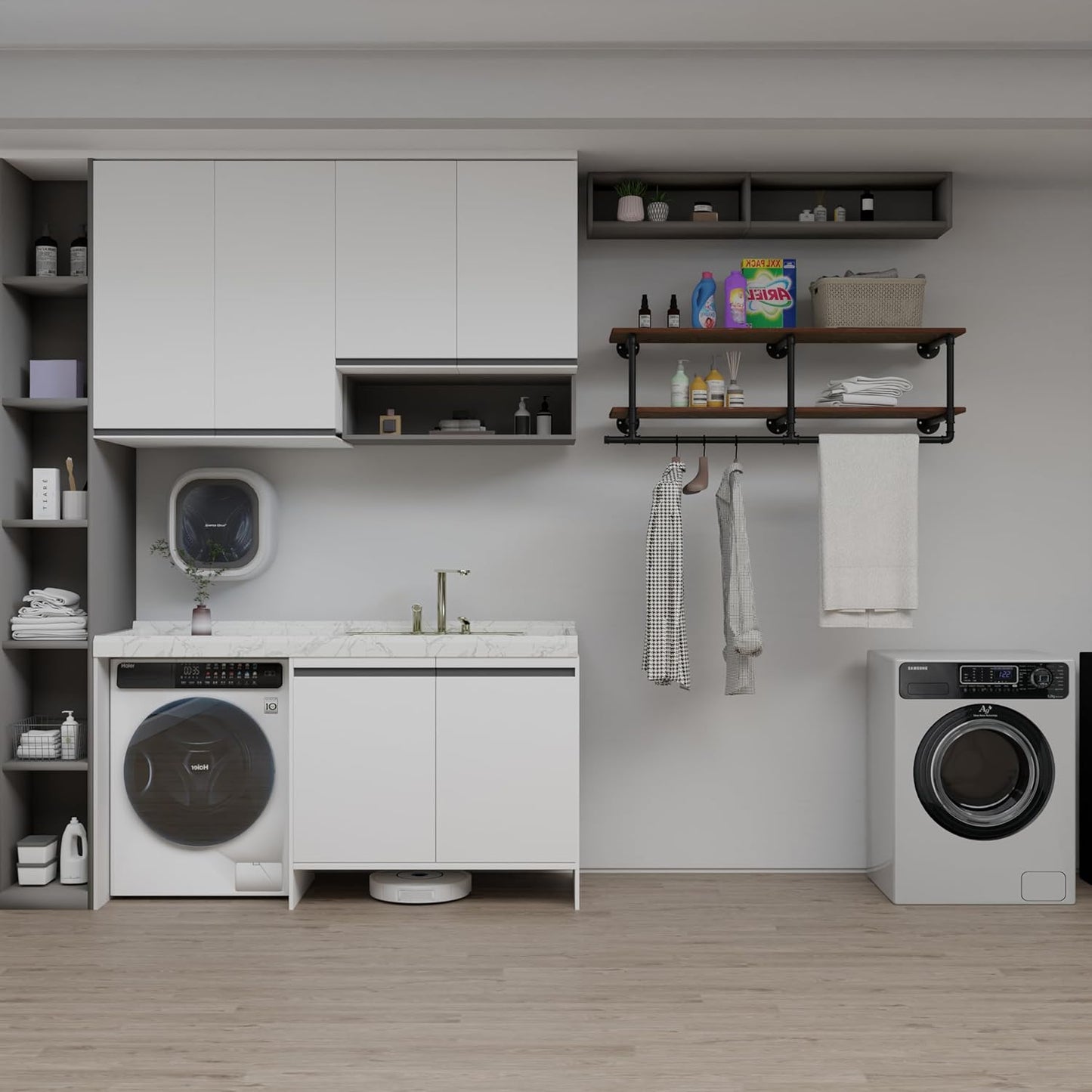 Clothes Rack 48in, Wall Mounted Garment Rack with Real Wood Shelf, Heavy Duty Hanging Clothes Rack, Multi-Purpose Hanging Rod, Space-Saving Closet Storage (2T48IN)