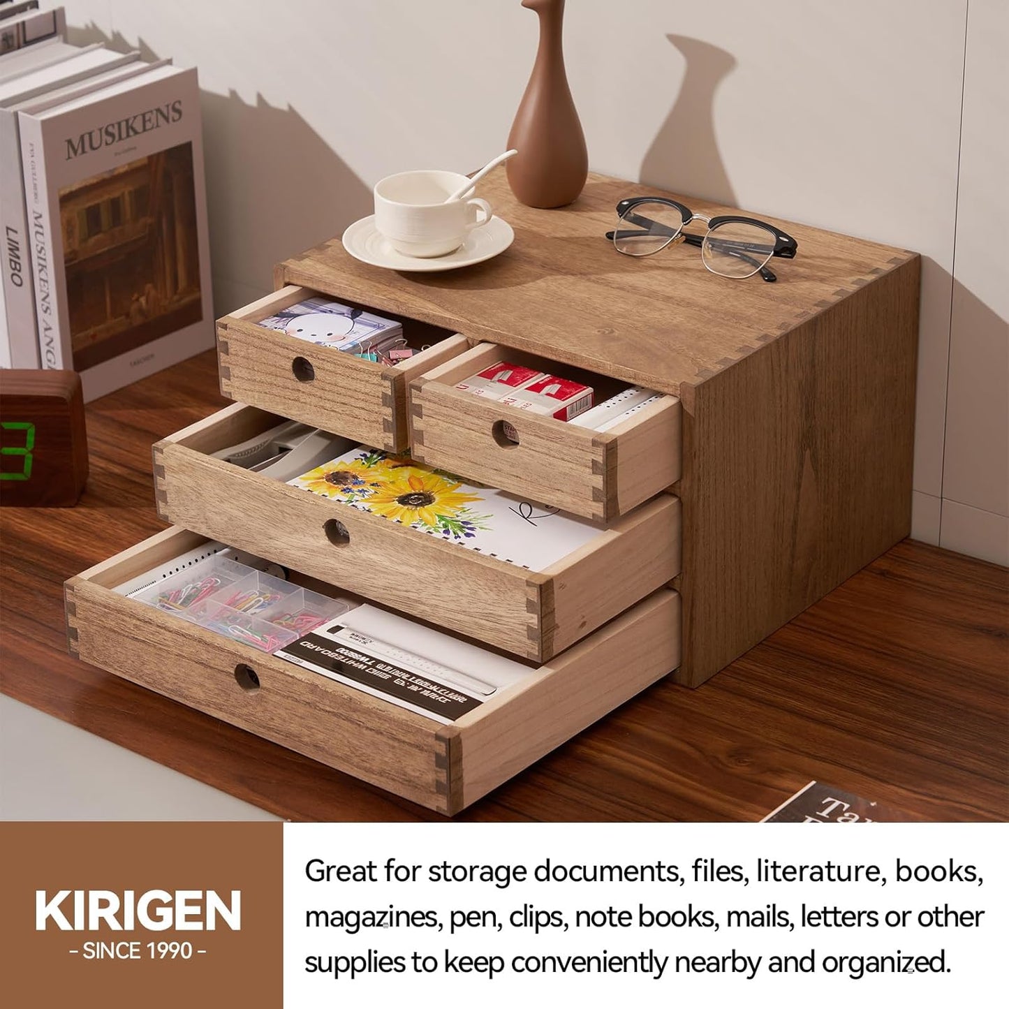 Kirigen Wood Desktop Storage Cabinet/Workspace Document Office necessity Organizer with 4 Drawers/Home,office Letter Mail Sorter with 3 levels/Hold Makeup Box (BR, 3-layer &4 drawers) Dark brown