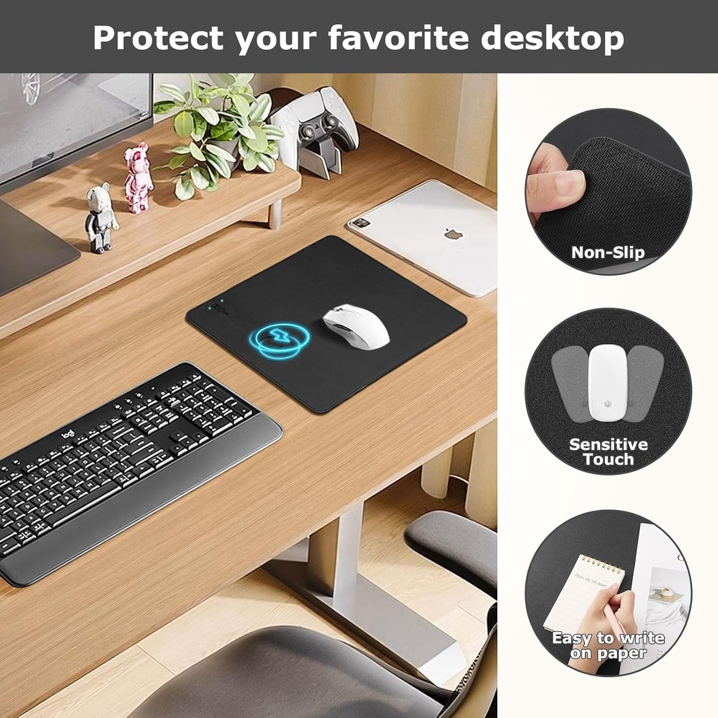 Wireless Charging Mouse Pad Firelison 2 in 1 Leather Multifunctional Office Desk Pad with Non-Slip Rubber Base, Waterproof Desk pad for Computers/Office/Work/Home/Decor（ 12" x 10"Black - L）