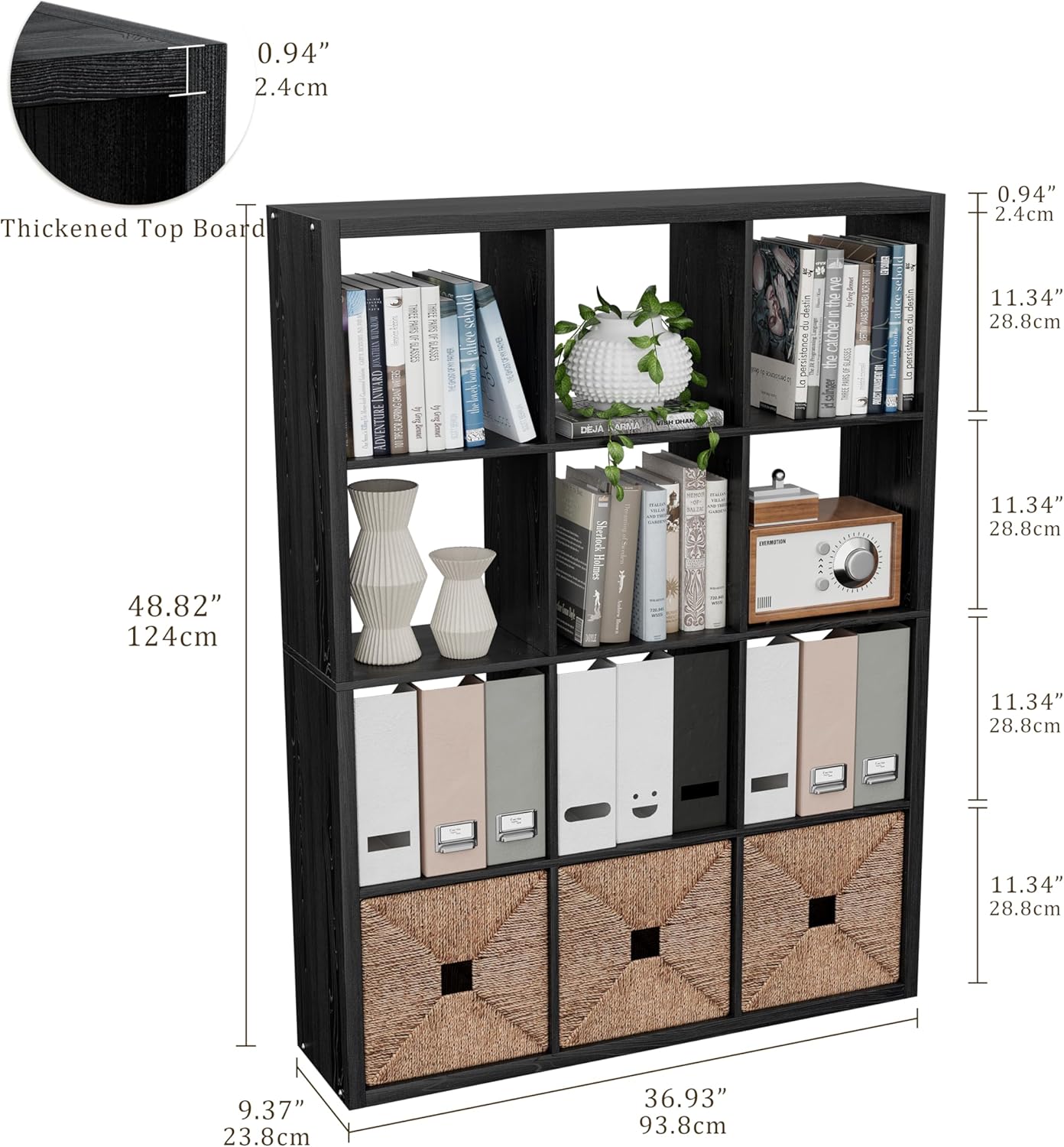 Cube Storage Organizer Bookcase, Decorative 11 inch Open Back Cubical Shelf with Thickened Border, Display Bookshelf for Living Room, Home Office, Sturdy Room (Black, 12 Cube)