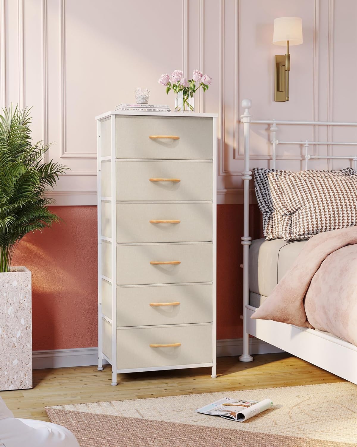 Crestlive Products Tall Dresser for Closet, Vertical Storage Tower - Sturdy Steel Frame, Wood Top, Easy Pull Fabric Bins Handles - Organizer Unit for Bedroom, Hallway, Entryway - 6 Drawers (Beige)