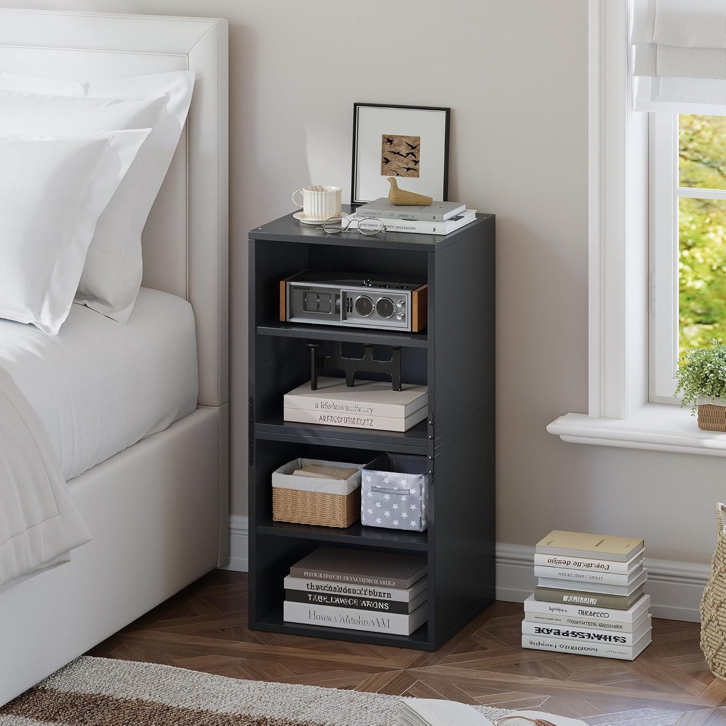 4-Tier Stackable Cube Storage Organizer, DIY Bookcase with 4 Removable Open Shelves & Anti-Tip Design, Cube Book Shelf for Bedroom, Office, Dorm,30" W x 11.81" D x 30" H, Black