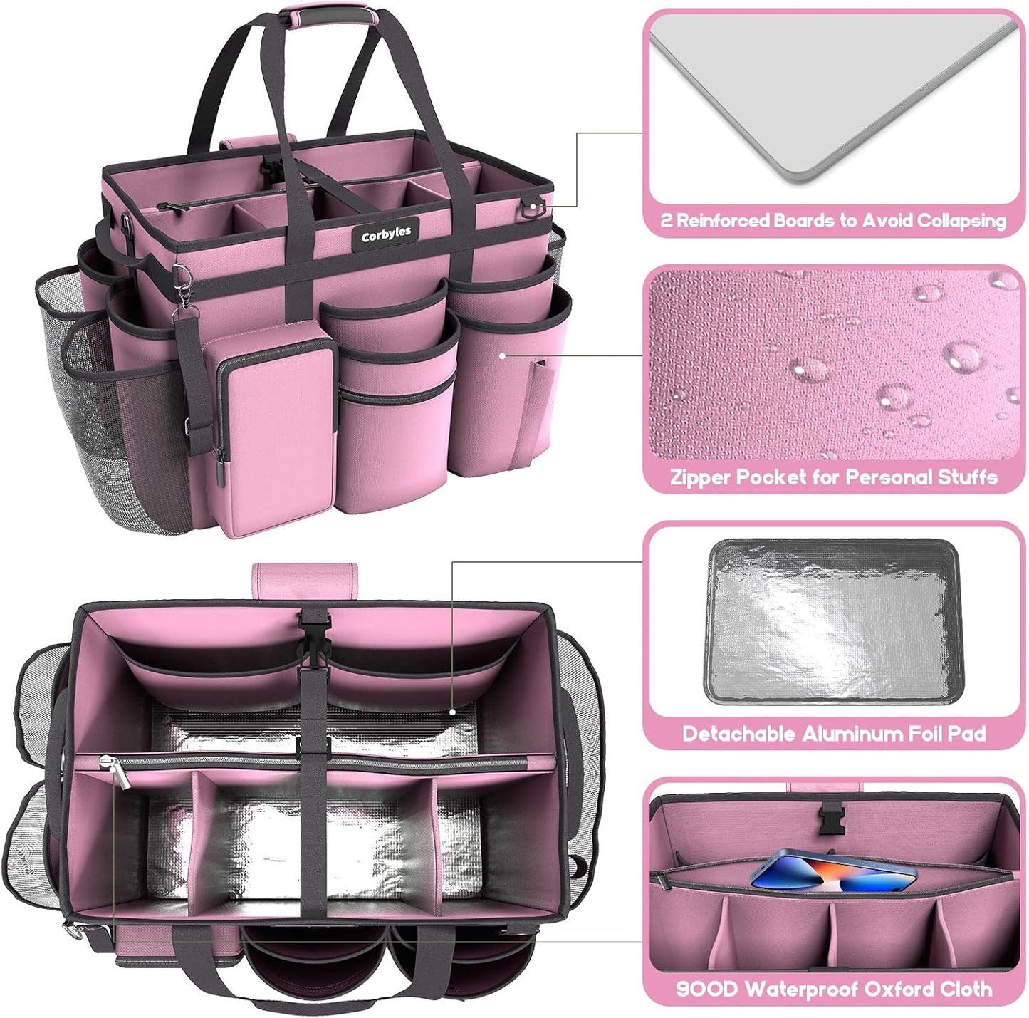 Rolling Cleaning Caddy Bag with Detachable Trolley, Cleaning Supplies Organizer Cart on Wheels, Cleaning Supply Caddy for Housekeepers, Large Professional Detailing Bag Tote for Home, Car (Pink)