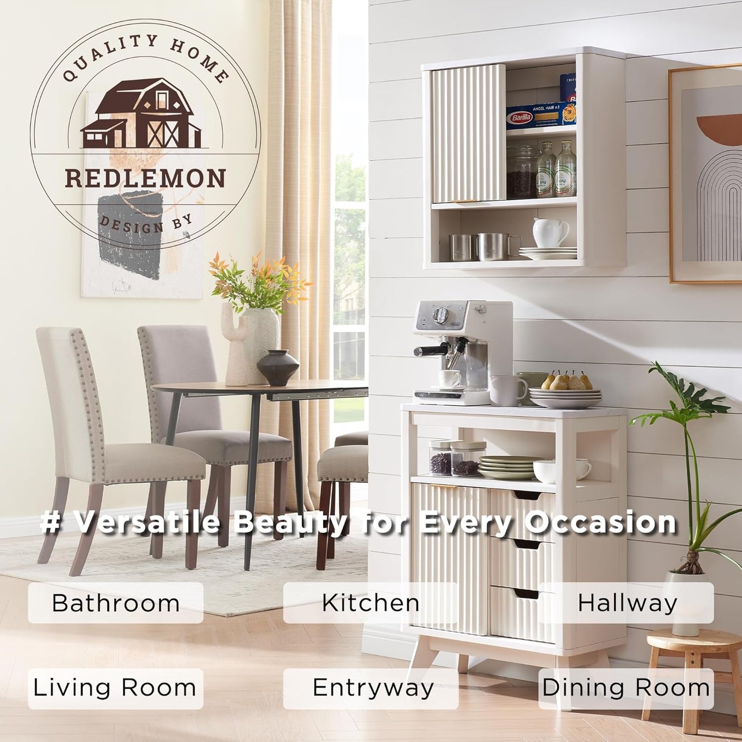 RedLemon Bathroom Wall Cabinet w/Fluted Sliding Door, Modern Medicine Cabinet w/Faux Marble Top & Adjustable Shelf, Curved Profile Wall Mounted Storage Organizer, Off White