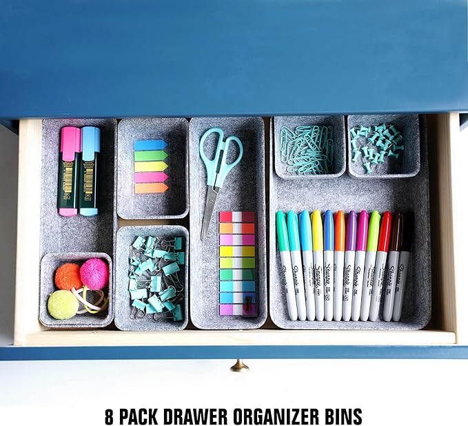 Welaxy Desk Drawer organizers tray Felt storage bins aesthetics room décor for home office dorm closet decluttering minimalist lifestyle (Gray)