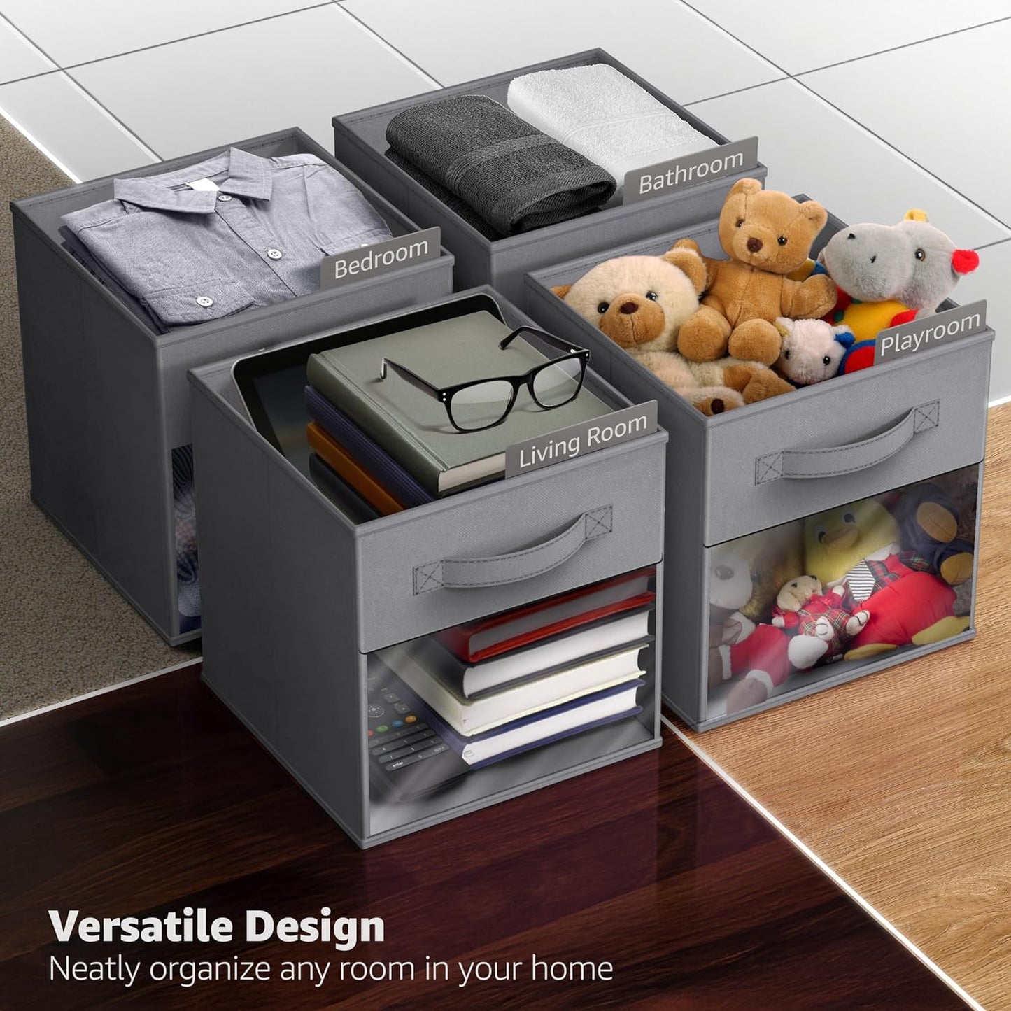 Sorbus 13 Inch Storage Bins with Clear Window - 6 Foldable Baskets for Organizing Clothes, Toys, Books - Sturdy Collapsible Fabric Storage Cubes with Handle - Storage Baskets for Shelves, Closets