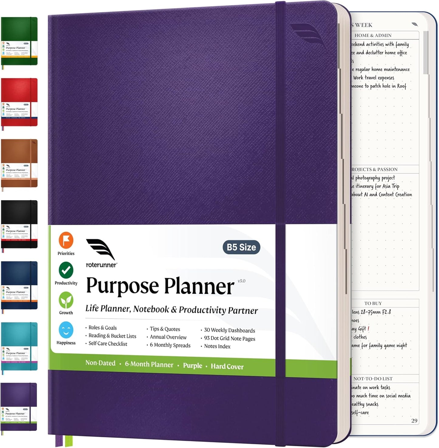 Roterunner Purpose Planner Notebook B5 7.5”x9.8” Undated 2026 Daily Weekly and Monthly Productivity Goal Setting Tool for Work Home ADHD Planner for Adults Self Care Journal (Purple Hardcover)