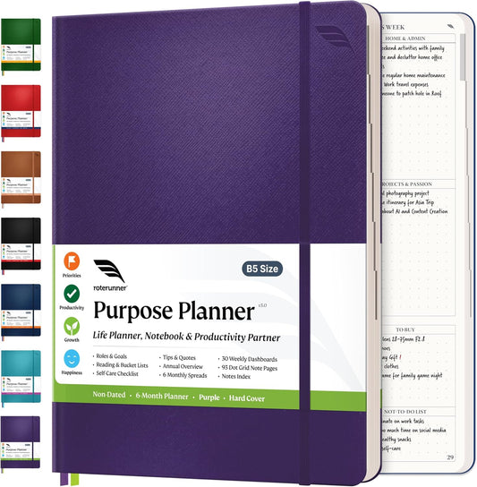 Roterunner Purpose Planner Notebook B5 7.5”x9.8” Undated 2026 Daily Weekly and Monthly Productivity Goal Setting Tool for Work Home ADHD Planner for Adults Self Care Journal (Purple Hardcover)