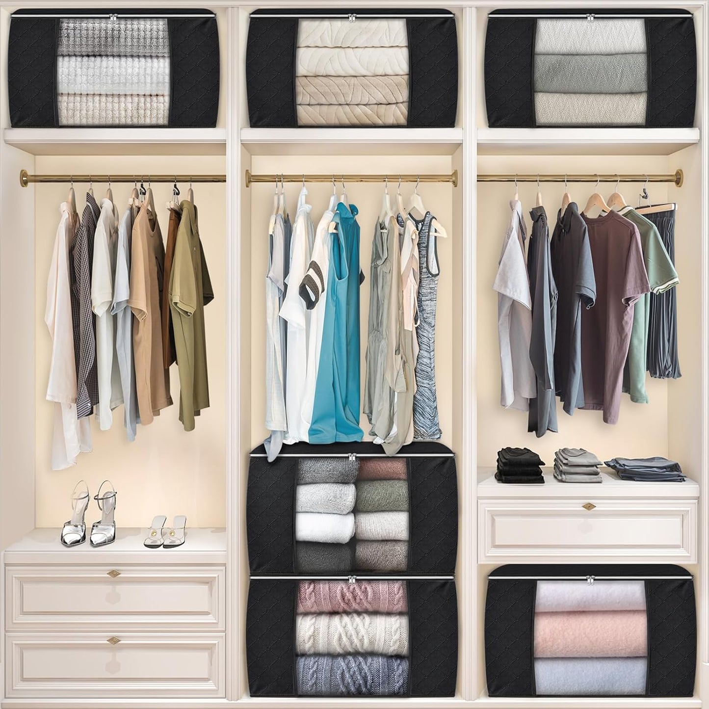 Fab totes 24 Gallons Clothes Storage, Foldable Thick Fabric Blanket Storage Bags, Containers for Organizing Bedroom, Closet, Clothing, Comforter, Organization with Handle (6 Pack,Black)