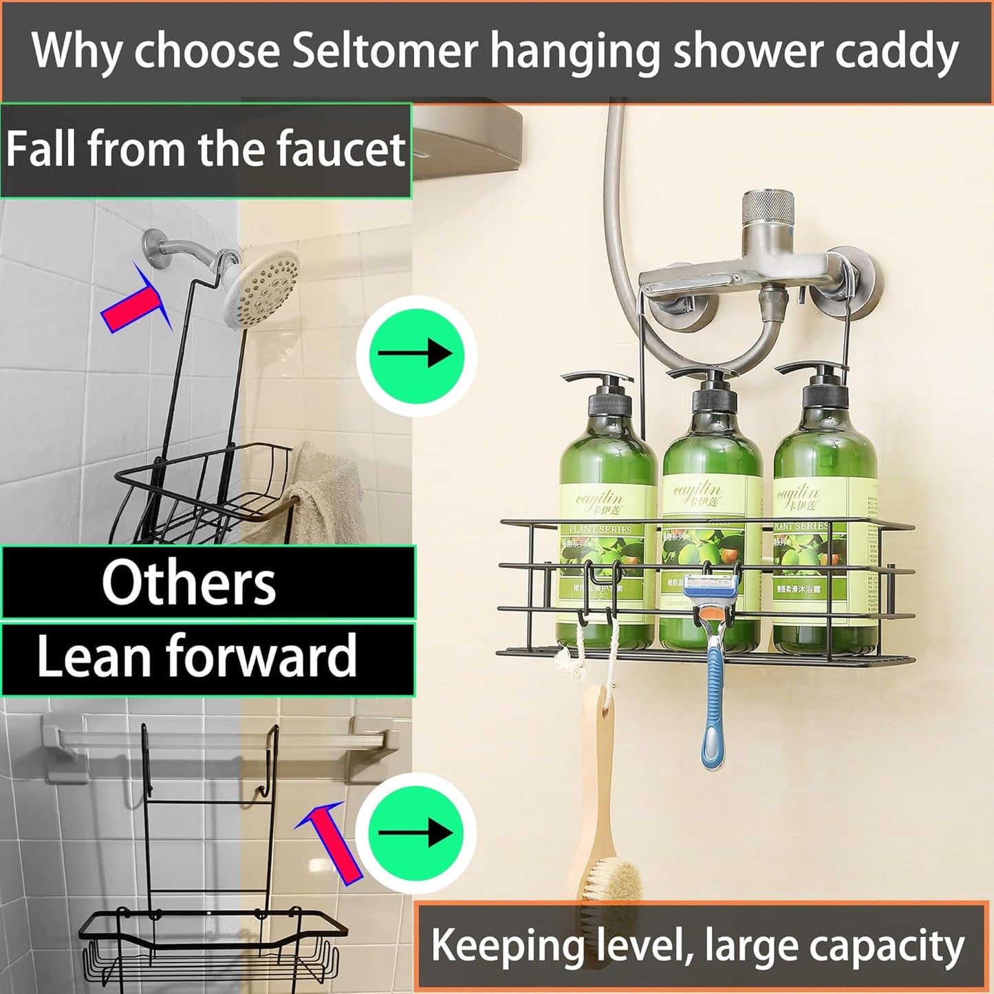 2pcs Single-Layer Shower Caddy Hanging Shower Orangizer Stainless Steel Shower Rack with Hooks Over The Door, Shampoo Basket Storage (Black)