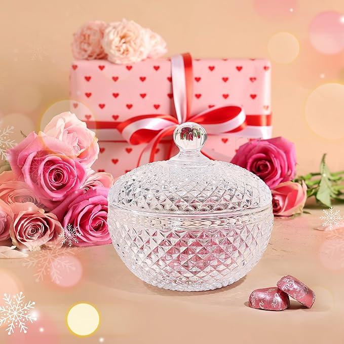 Joeyan 12 oz Small Clear Glass Jars with Lid,Embossed Glass Candy Dishes,Diamond Faceted Food Container,Decorative Jewelry Box Apothecary Canisters,Kitchen Bathroom Buffet Storage Organizer