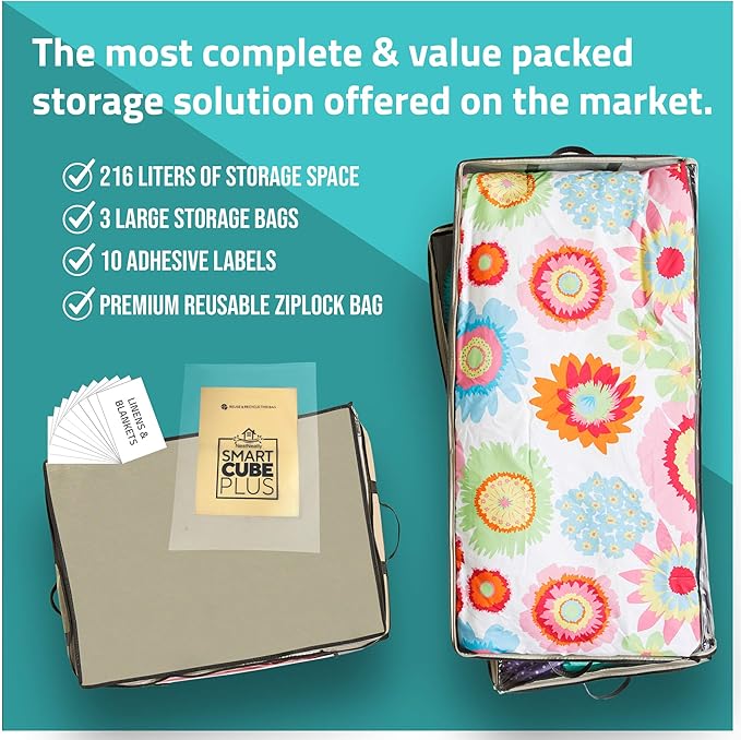 Underbed Storage Bag 2 Large Under-the-Bed Storage Containers and Organizer Bin Reinforced Handles Metal Zipper Foldable Under-Bed Storage Bags and Containers by Nest Neatly, Beige