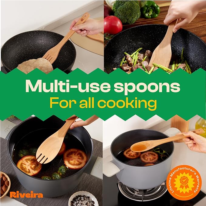 Riveira Cherry Wooden Spoons for Cooking Set of 6 – Natural Cherry Wooden Cooking Utensils, Wooden Spatula, Wooden Spoon - Premium Quality Wooden Utensil Set for Non-Toxic Cooking