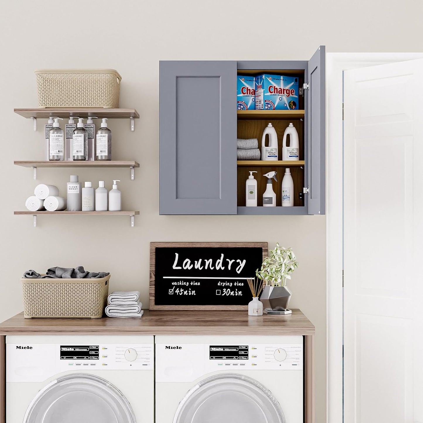 30 Inch Laundry Room Cabinets Wall Mounted, Solid Wood Over The Toilet Storage Cabinet, Bathroom Organizer Cabinets with 2 Door & Shelves, Easy to Assemble for Kitchen, Garage - Dark Gray