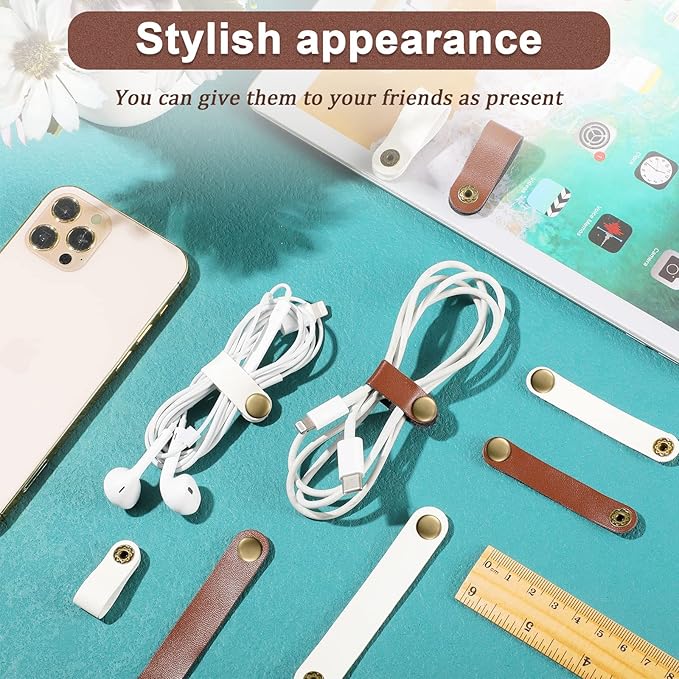 52 Pieces PU Leather Cable Straps, Earbud Cord Organizer, PU Leather Handmade Portable USB Cord Holder, Earphone Cable Tie Cable Management, for Travel, Home, School, Office (Beige, Chestnut Brown)