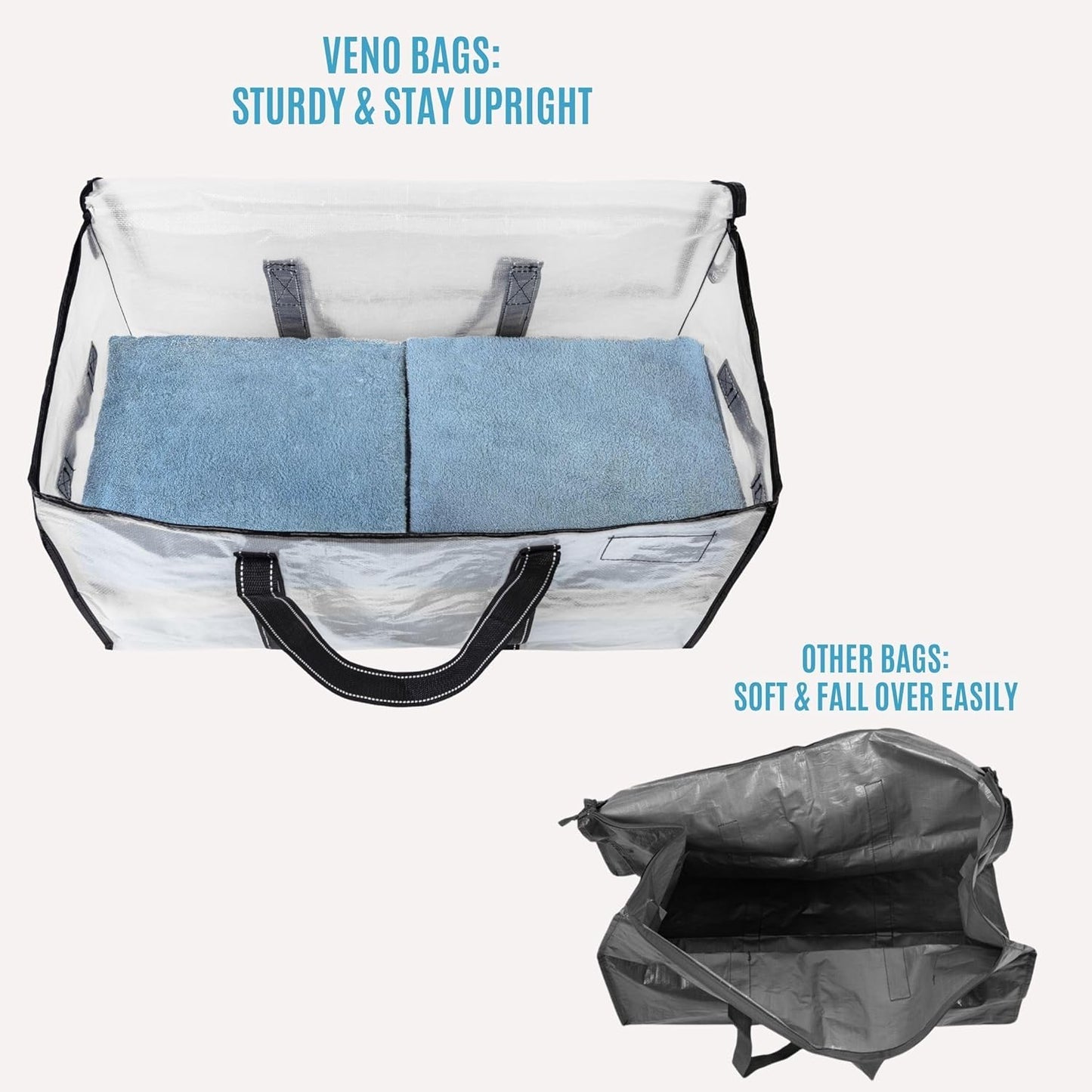 VENO 10 Pack Moving Bags, Moving Supplies, Moving Boxes, College Packing Storage Boxes with Lids Alternative, Heavy Duty Totes, Extra Large, Sturdy Handles, Zipper (Clear with Black Handles, 10 Pack)