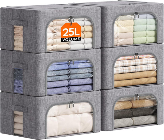 Lifewit Clothes Storage Bins with Metal Frame, Stackable Storage Box, Foldable Clothing Storage Bins with Lids, 25L Storage Bags Fabric Box Organizer with Clear Window＆ Zippers＆ Sturdy Handles 6 Pack