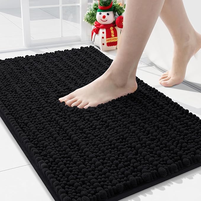 Arotive Luxury Chenille Bathroom Rug Mat, Extra Soft Thick Absorbent Shaggy Bath Rugs, Non-Slip Machine Wash Dry, Plush Bath Mats for Bathroom, Shower and Tub, 34x21, Black