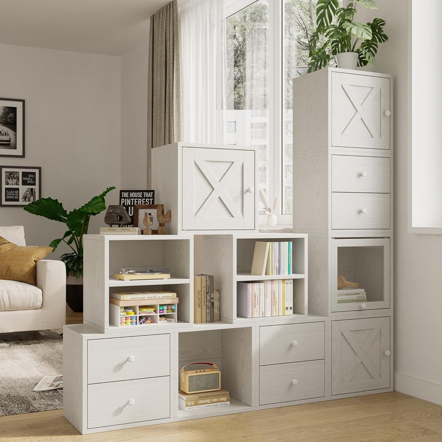 FUSUNBAO Magic DIY Cube Storage Organizer Stackable Cubes for Home Books Clothes Toy-Modular Cubby Storage System-Office Cubical-Bookcase Closet(Pure White-Washed, Glass Door Cube)