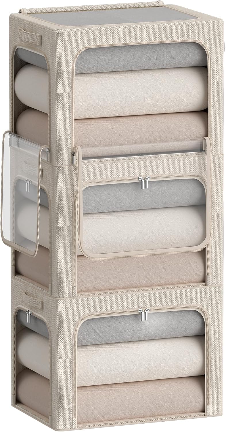 3Pack Stackable Foldable Storage Bin - Metal Frame Storage Box with Clear Window, Carry Handles (36L-15.7x11.8x11.8in, Beige)