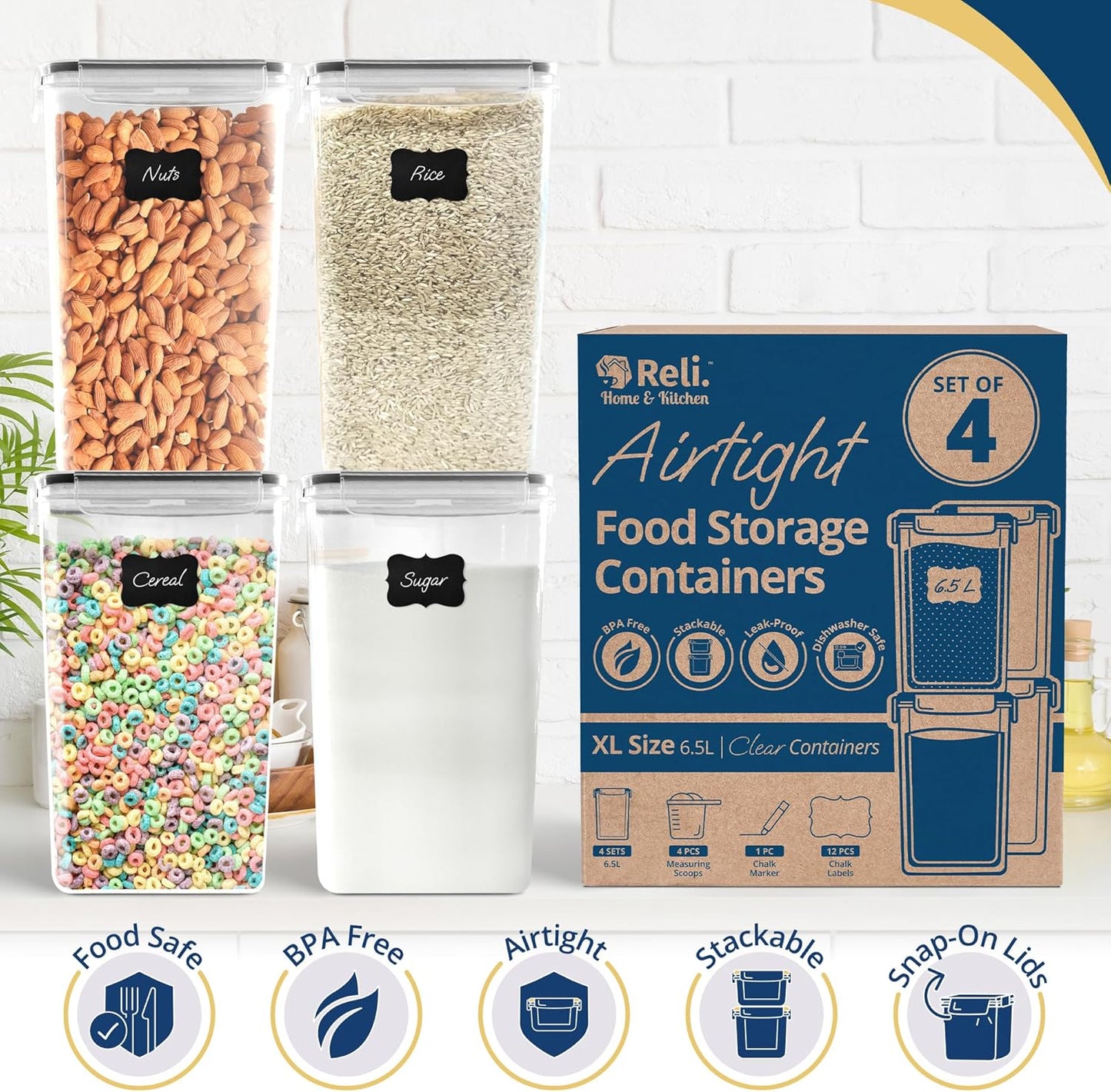 Reli. 6.5L Airtight Food Storage Containers with Lids (4 Sets) | Kitchen Organizers and Storage Containers, Pantry Organizers | BPA Free Plastic XL Set w/ 4 Measuring Cups, 12 Labels, Pen