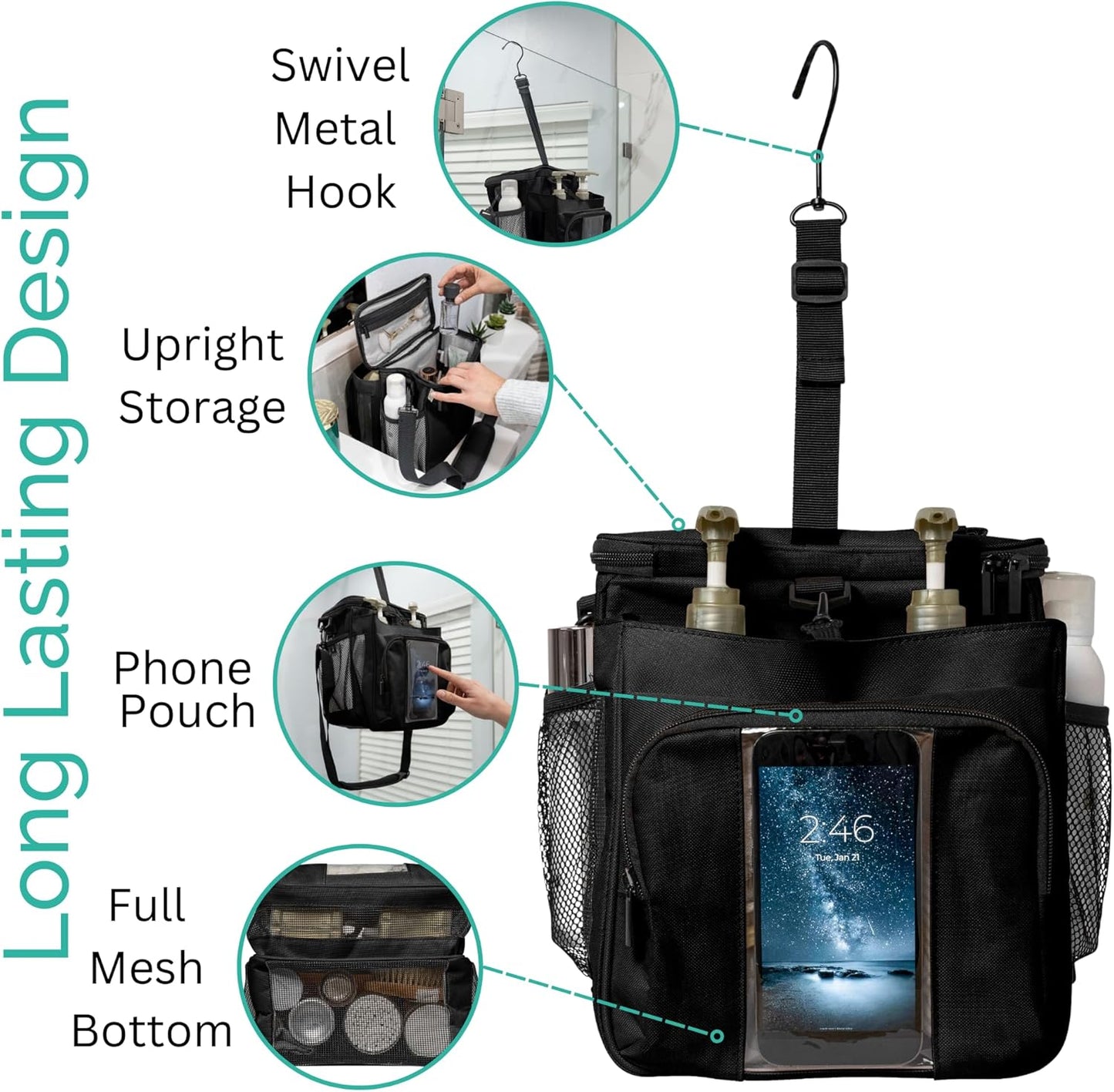 Portable XL Shower Caddy Bag - College Dorm Room Essentials for Men, Women, Students - Foldable, Water Resistant with Hanging Keychain Hook and Shoulder Strap Shower Organizer Bag (Black)