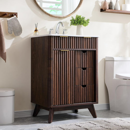 T4TREAM 24" Fluted Bathroom Vanity with Ceramic Sink Combo，Freestanding Small Modern Bathroom Storage Vanity Cabinet with Sliding Door & 3 Drawer，Wood Grain Texture，Metal Handle，Dark Walnut