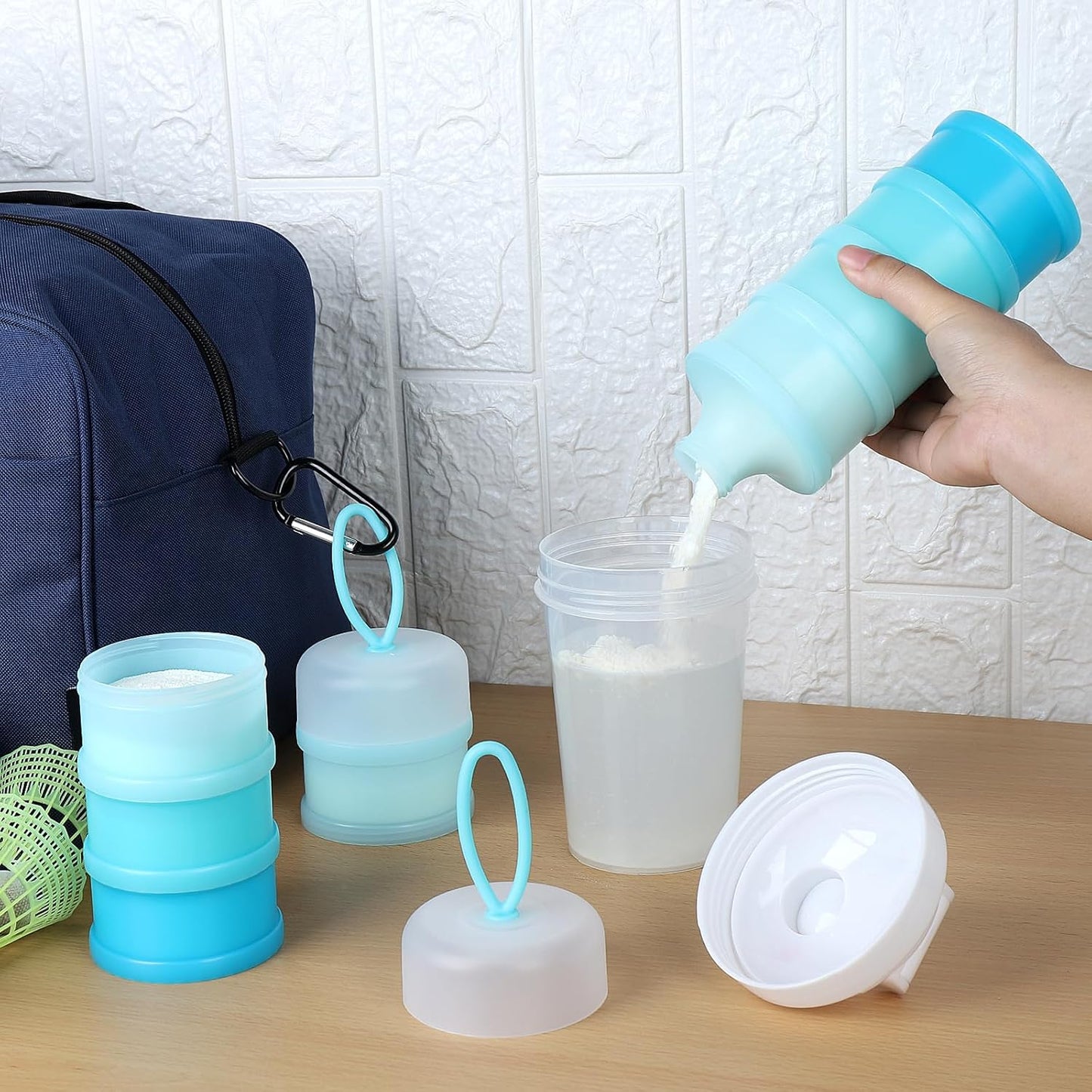 Accmor 3 Pcs Protein Powder Container to Go with Funnels Stand, 4 Compartments Stackable Protein Powder Dispenser for Workout, Fitness, Travel