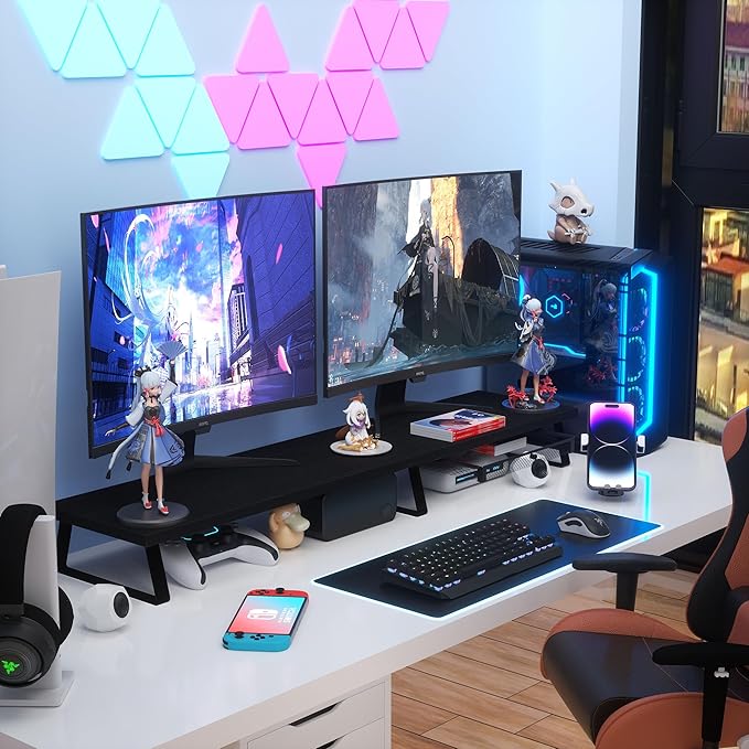 Aothia Large Dual Monitor Stand Riser - Monitor Stand For 2 Monitors, Monitor Stand With Drawer,Desk Shelf For Monitor, Wood Monitor Riser Stand with Storage Organize For Pc,Tv,Laptop,Screen (Black)