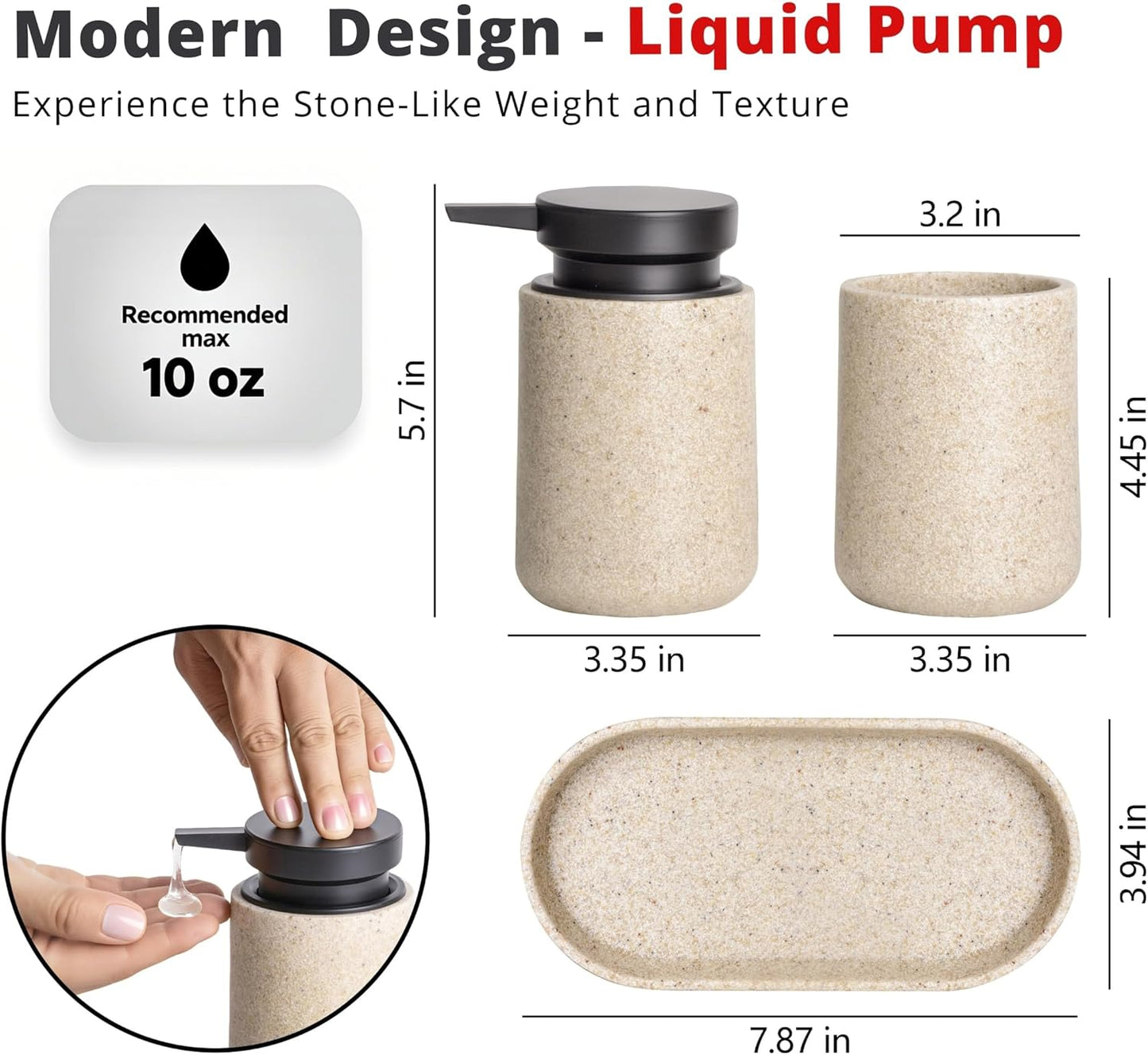 3 Pcs Bathroom Accessories Set, Liquid Soap Dispenser with Large Pump, Toothbrush Holder Cup and Soap Dish, Sandstone Texture Bathroom Counter Set for Modern Home (Beige)