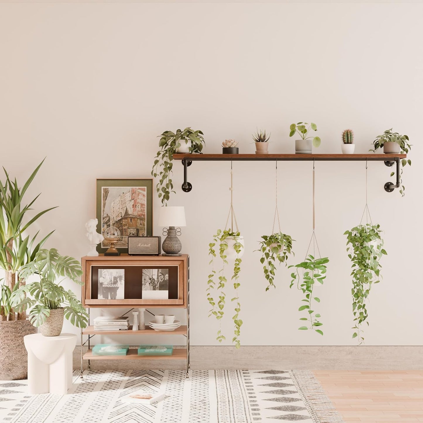 Clothes Rack 60in, Wall Mounted Garment Racks with Real Walnut Wood Shelf, Heavy Duty Hanging Clothes Rack, Multi-Purpose Hanging Rod, Space-Saving Closet Storage