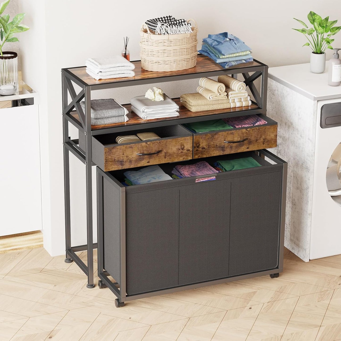 Laundry Hamper 3 Section, 150L Rolling Laundry Sorter Basket with 2 Shelves and 2 Drawers, 3 Compartment Clothes Organizer Cart with Wheels, Pull-Out Bags for Laundry Room, Bathroom, Bedroom