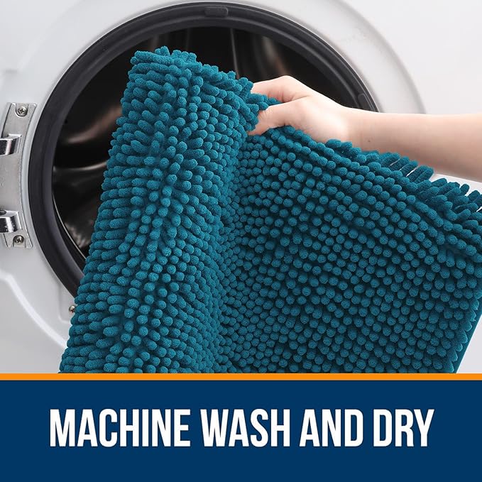 OLANLY Bathroom Rugs 47x17, Extra Soft Absorbent Chenille Bath Rugs, Rubber Backing Quick Dry, Machine Washable Bath Mats for Bathroom Floor, Tub and Shower, Home Decor Accessories, Peacock Blue