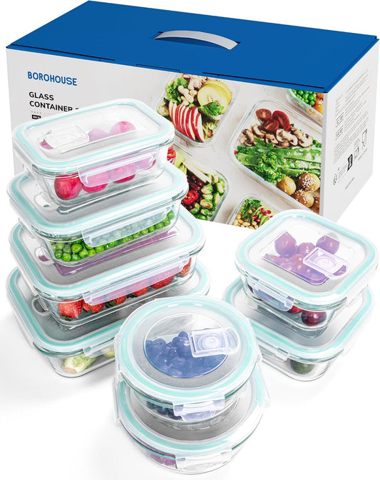 8-Piece Borosilicate Glass Food Storage Containers Set with Airtight Lids - Oven, Microwave & Freezer Safe, Leak-Proof, BPA-Free - Baking, Meal Prep & Gift Ready